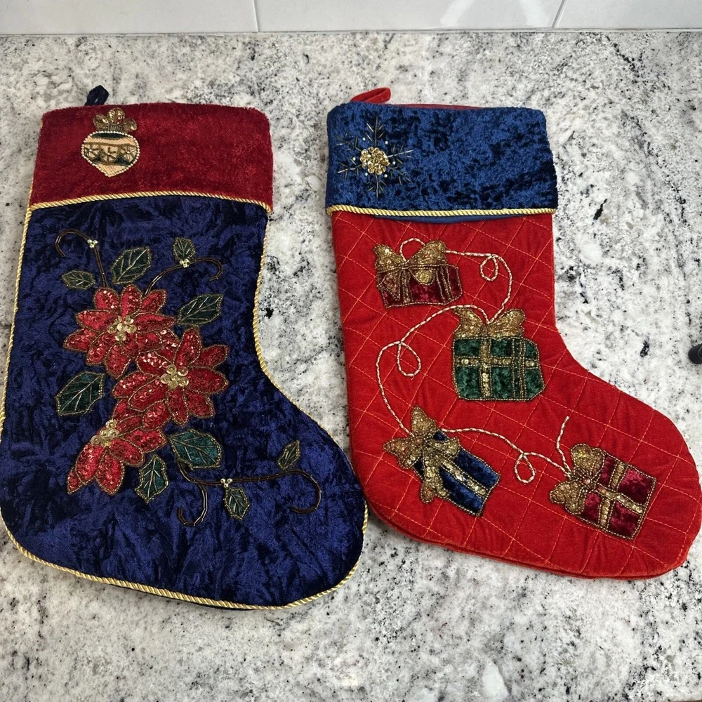 Christmas Stocking Blue/red Velvet With Sequined Design and Gold Beaded-‎ 2 VGT